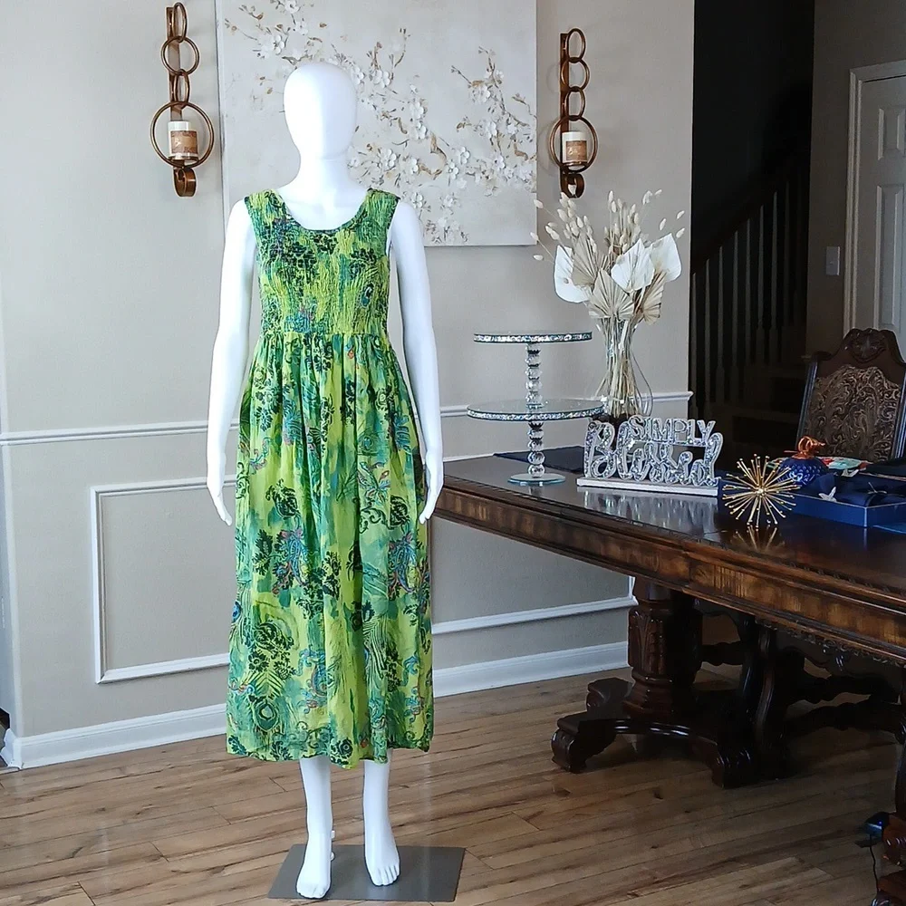 Women's Green Tropical Print Sleeveless Cotton Summer Dress By Hanna Small
